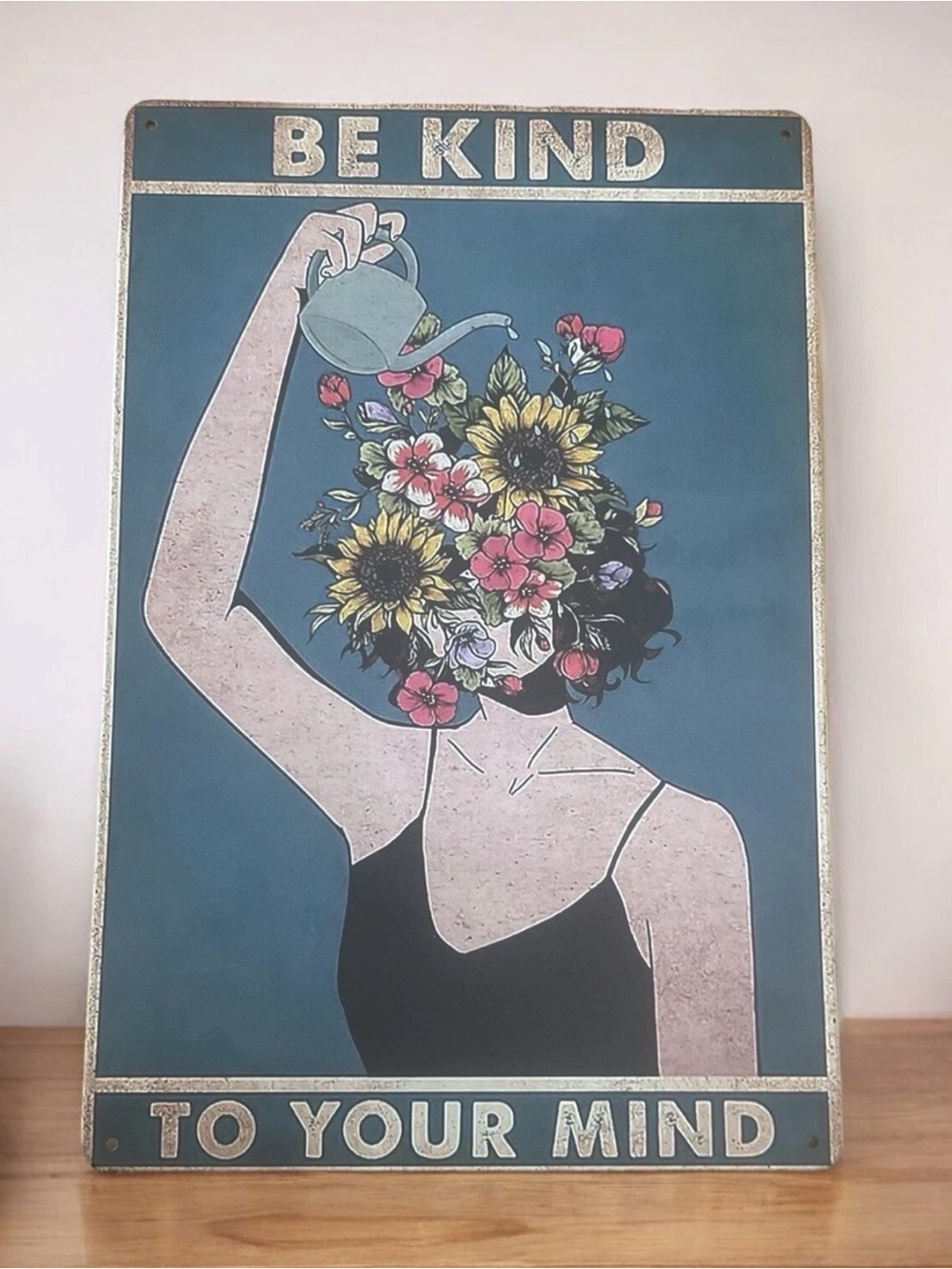 Be Kind to Your Mind Floral Portrait Wall Art - Blue - Metal Sign 8”x12”